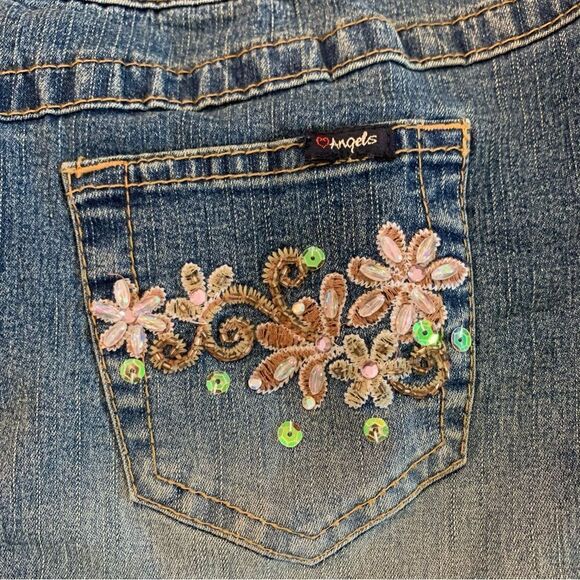 Angels Jeans Y2K Floral Sequin Distressed Denim Mini Micro Skirt Blue Size 7 - Picture 4 of 10